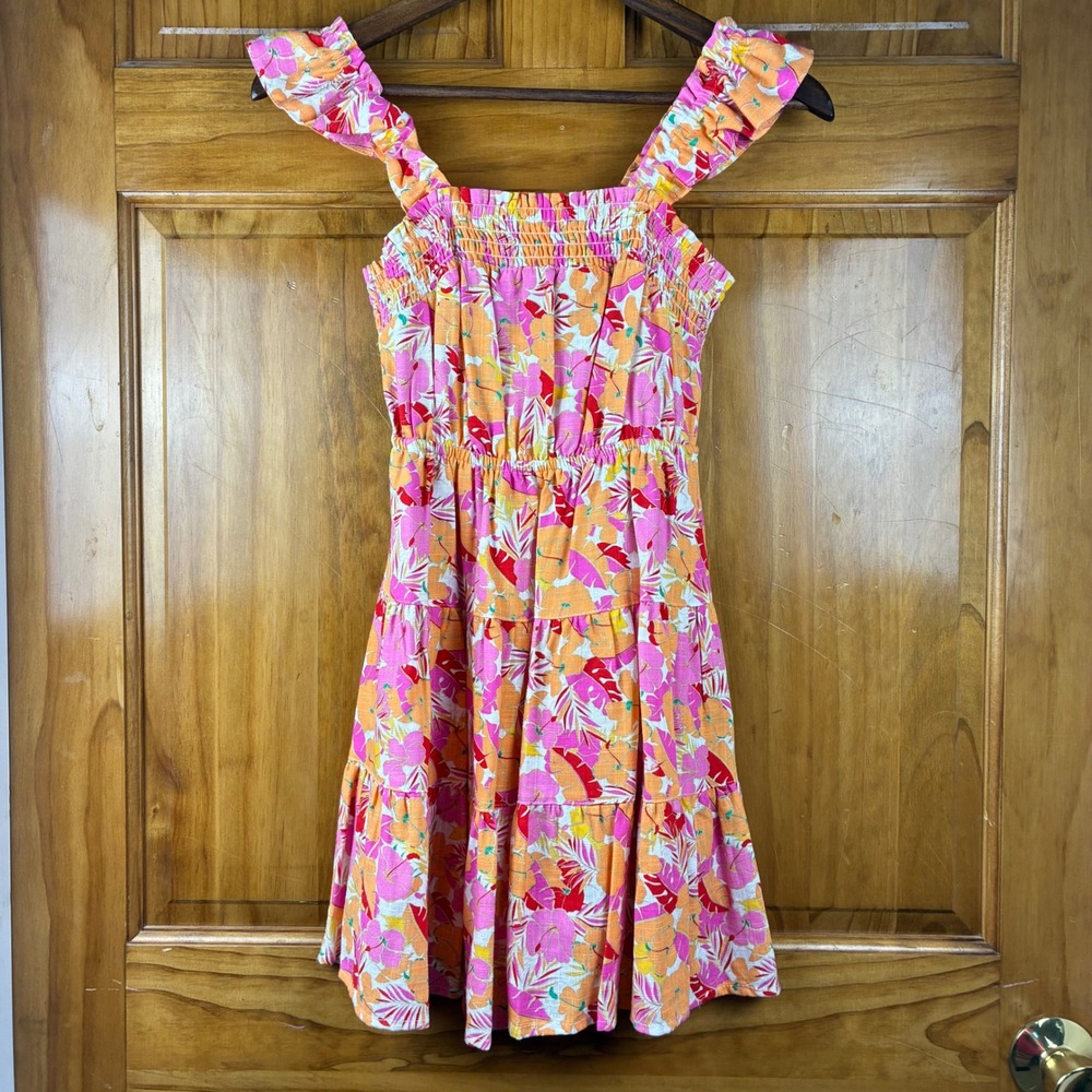 Copper Key Girls L 12/14 Tropical Floral Smocked Tiered Dress Beachy Boho NEW